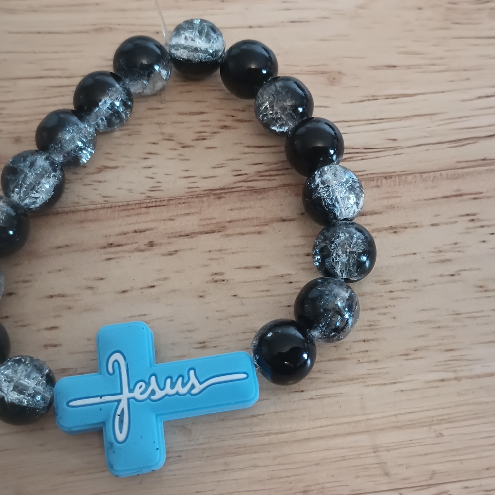 Black and Blue Beaded Bracelet with Cross